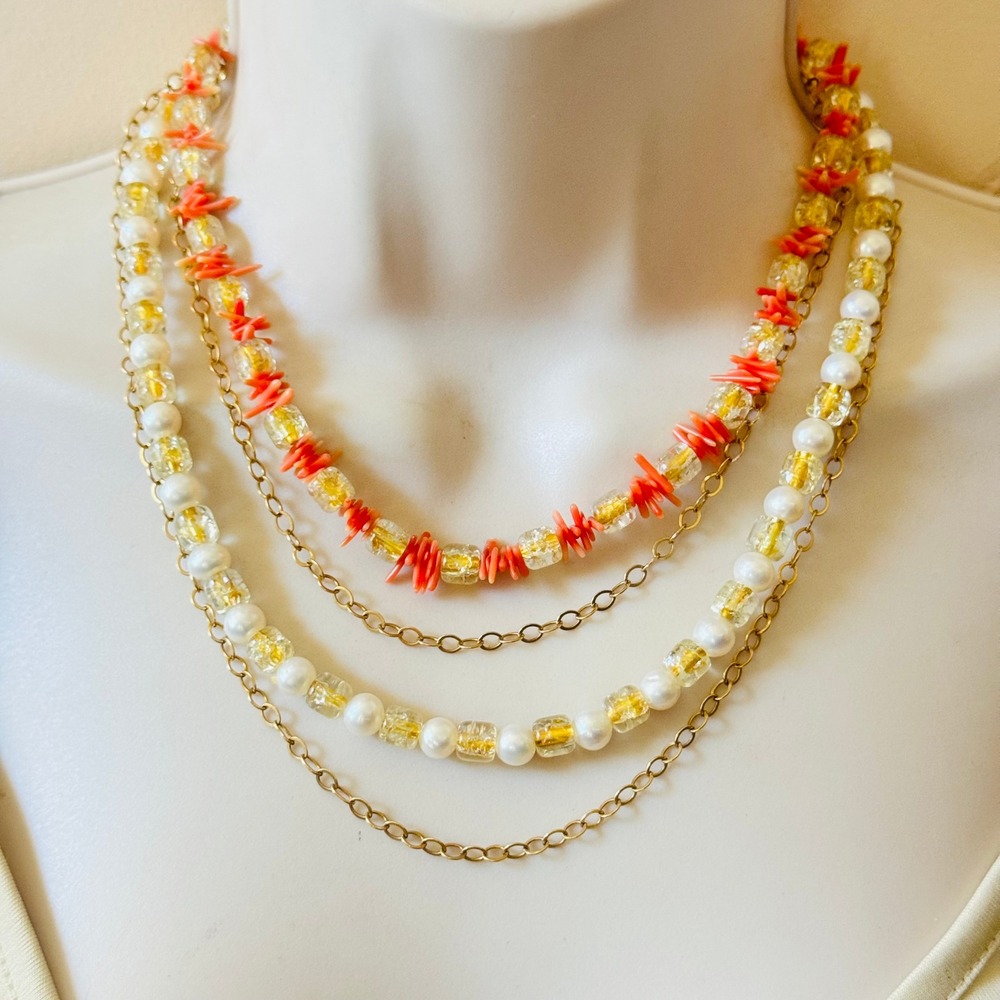 VTG Freshwater Pearl Coral Necklace Murano Glass Venetian Italy Genuine Layered